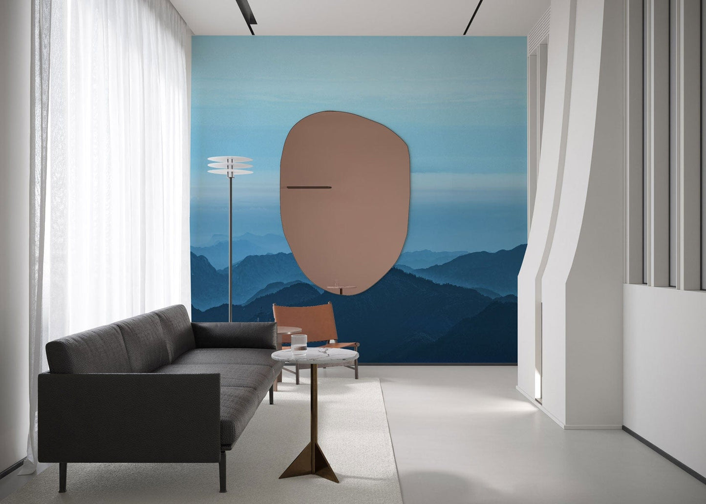 Wallpaper mural with mountains and a blue vault, perfect for decorating a living room.