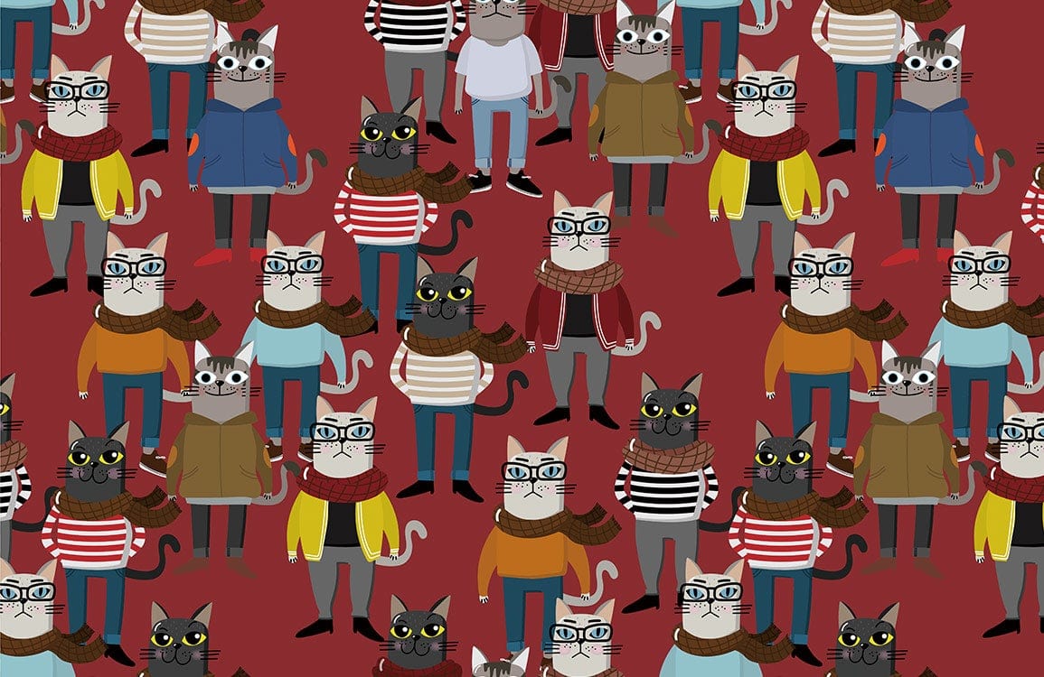 Hipster Cat Pattern Quirky Mural Wallpaper