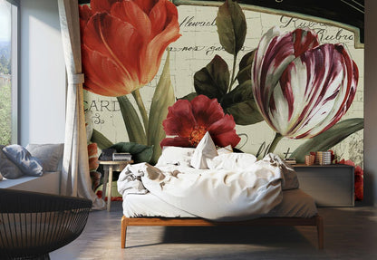 Classic Vintage Botanical Flower Illustration Mural Wallpaper in bedroom