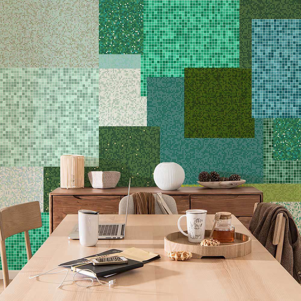 In the dining room, a multi-green mosaic wallpaper mural