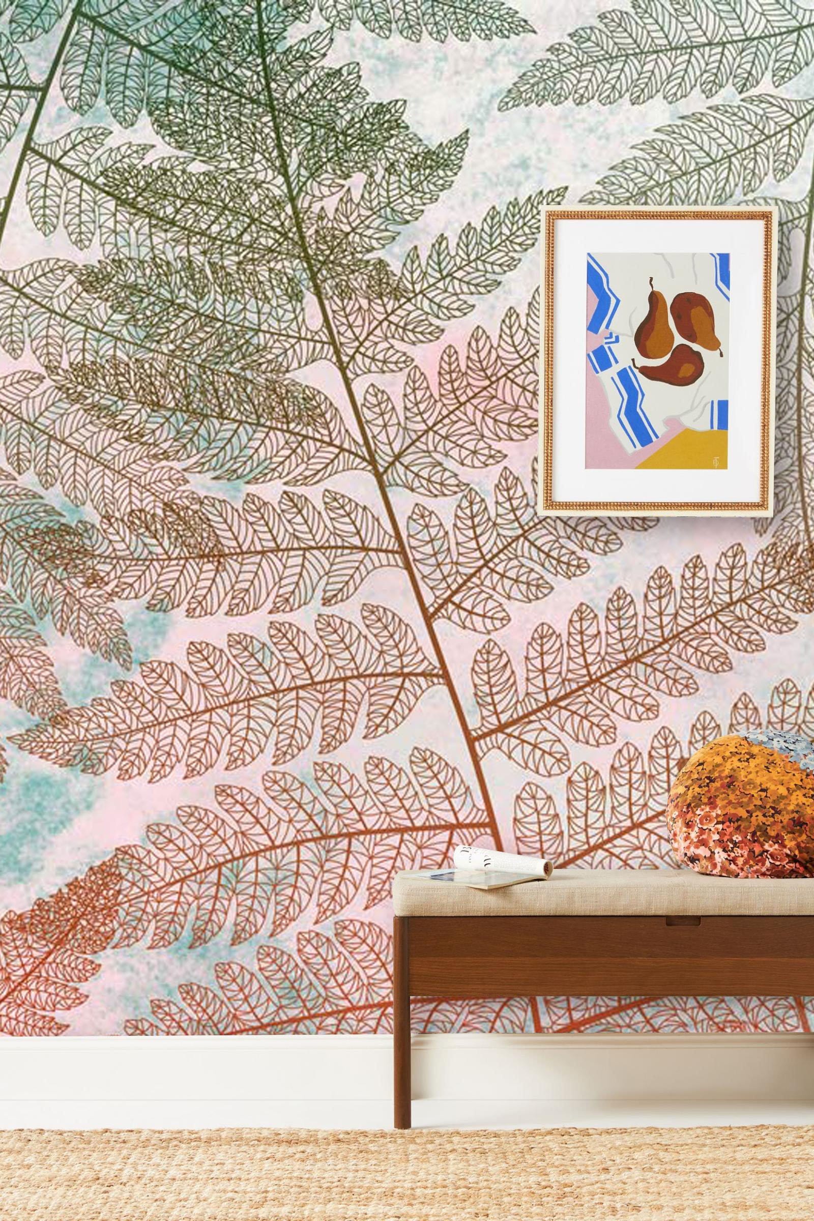 Wall mural wallpaper featuring many layers of leaves, decorated for hallways