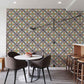 Dining room mural wallpaper with a repeating pattern of bright colors that is all its own.