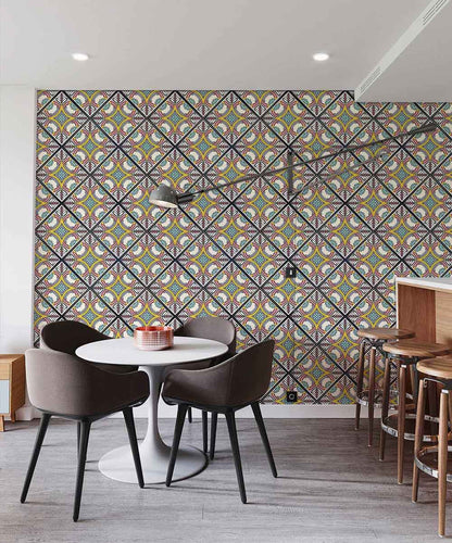 Dining room mural wallpaper with a repeating pattern of bright colors that is all its own.