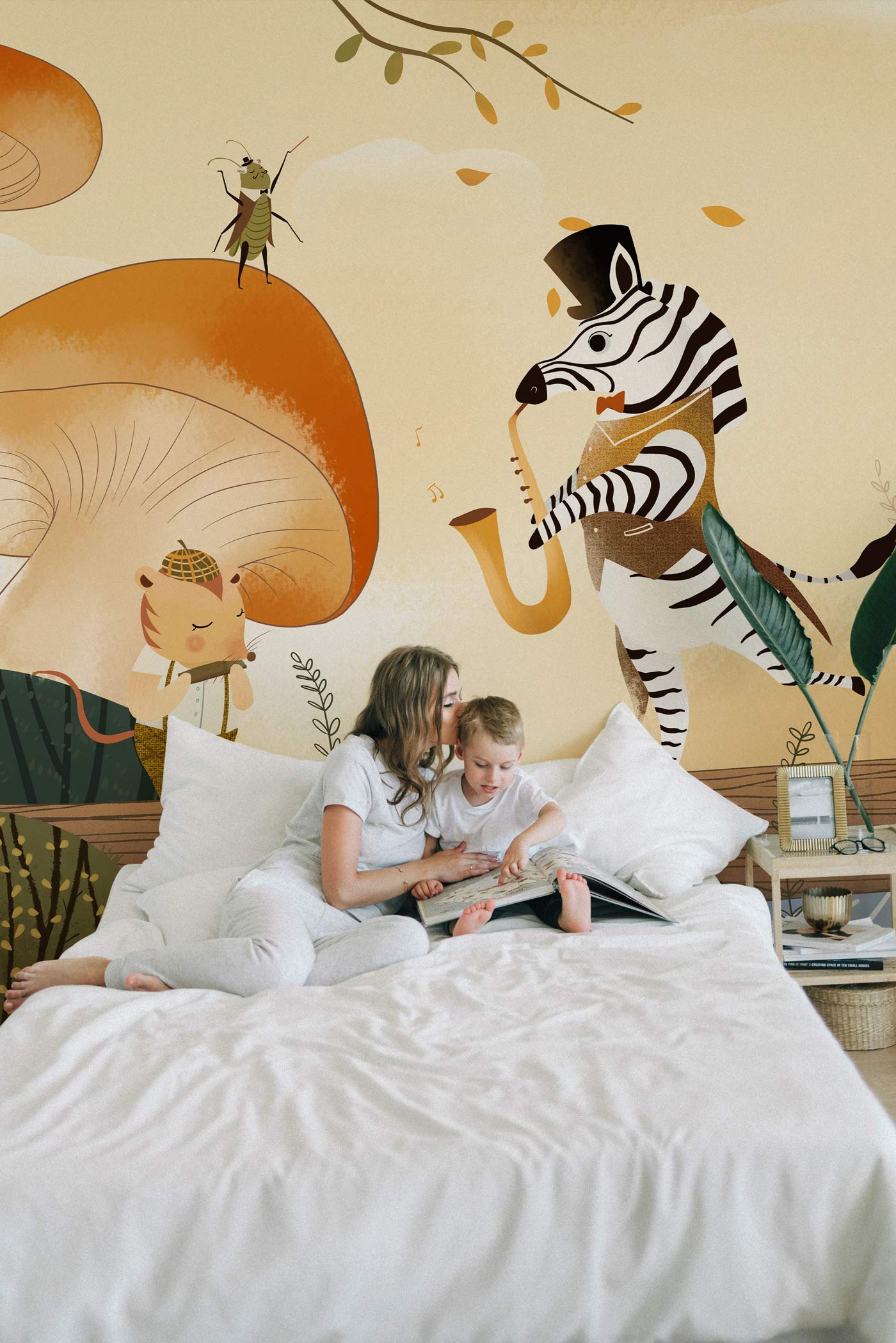 Wallpaper mural with a wild animal band design for use in decorating a bedroom