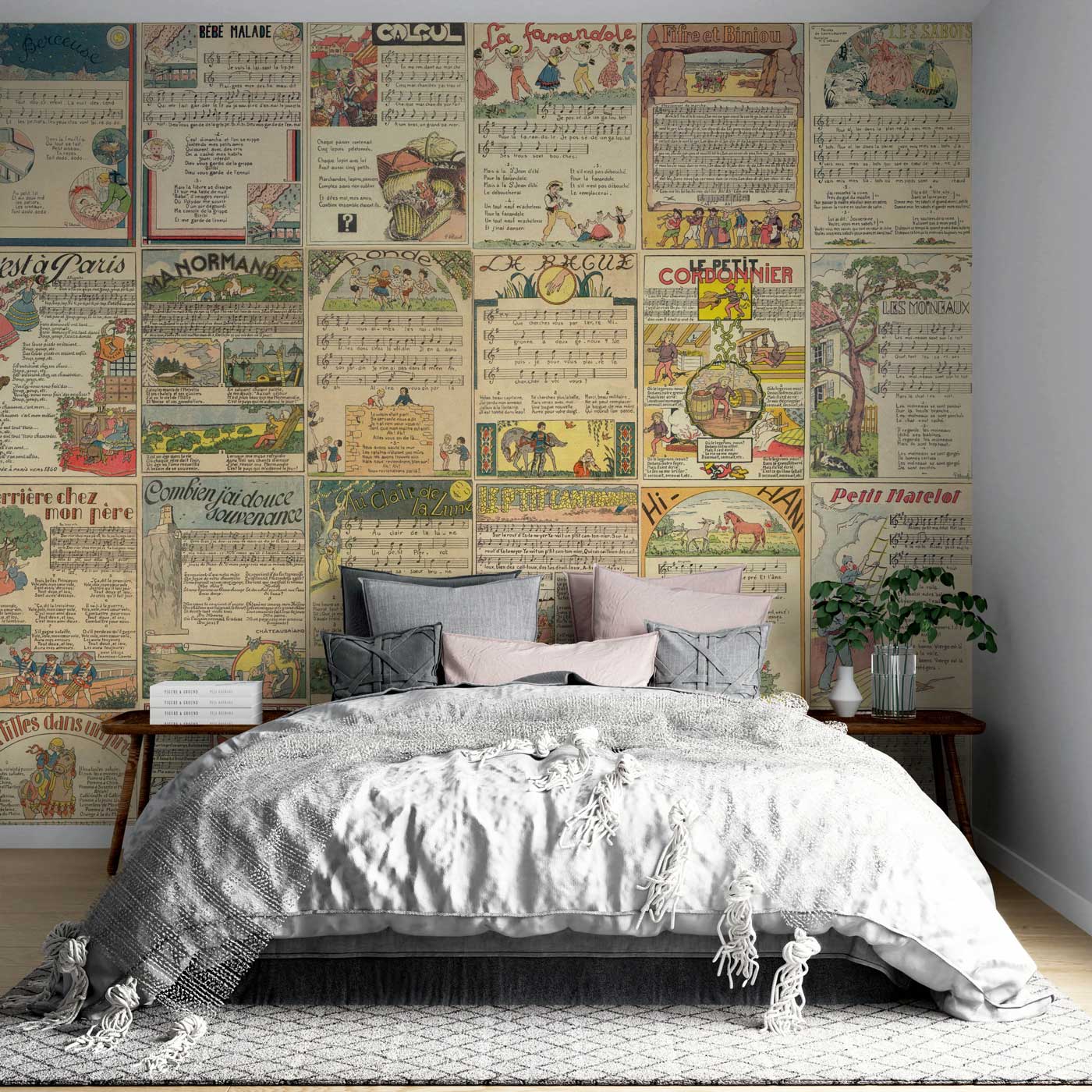 Wallpaper mural with a musical notation pattern for use as bedroom decor.