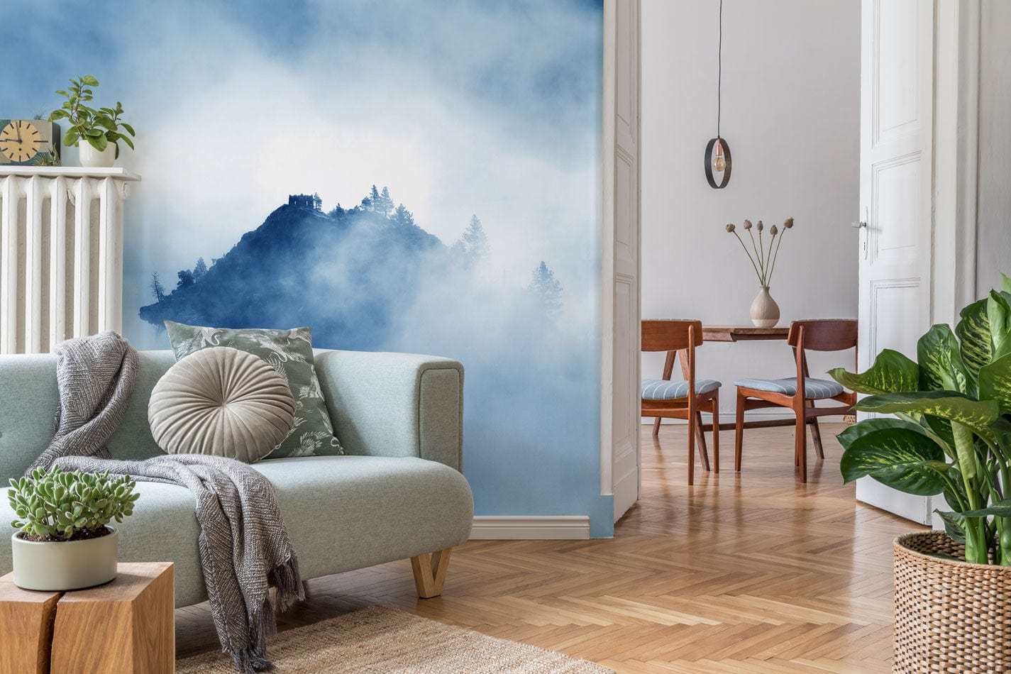 Wallpaper Mural for the Living Room Decor Featuring a Mysterious Foggy Forest