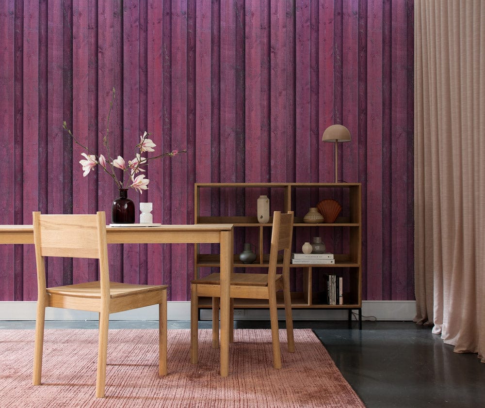 The purple color and vertical texture of bespoke wood effect wall murals are perfect for an office space.