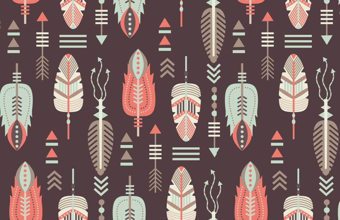 Wallpaper mural with a Native American feather motif that is continuous