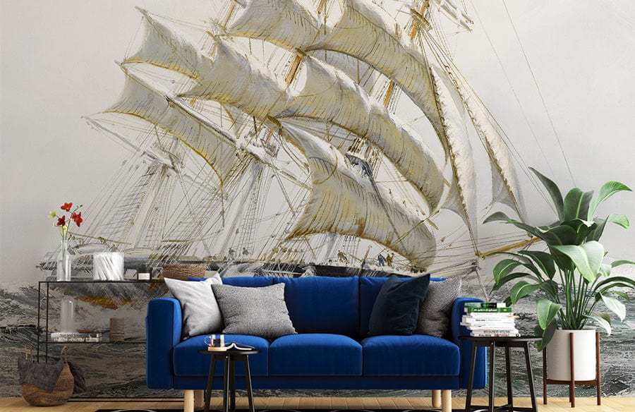 White wallpaper depicting sailboats