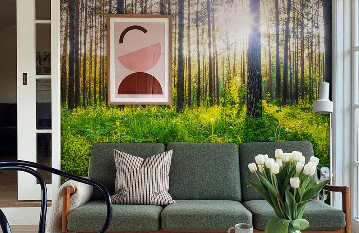 Interior decor with woodland wallpaper mural