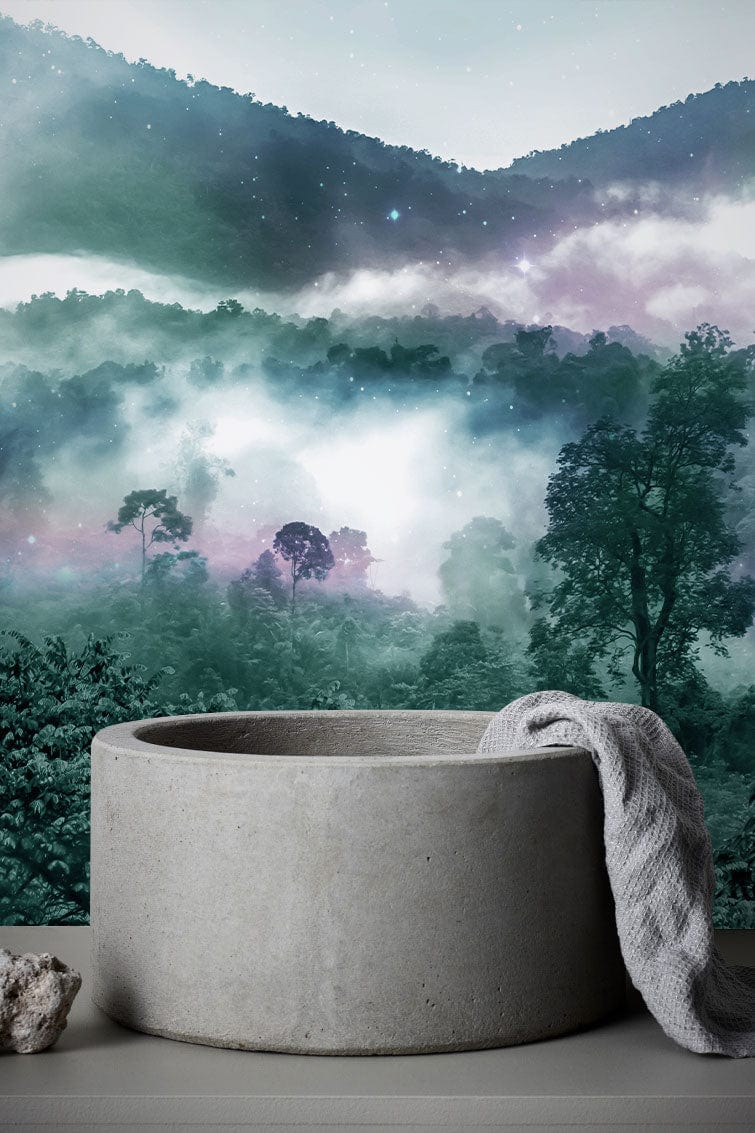 Bathroom Wall Decoration Featuring a Nebula Forest Wallpaper Mural