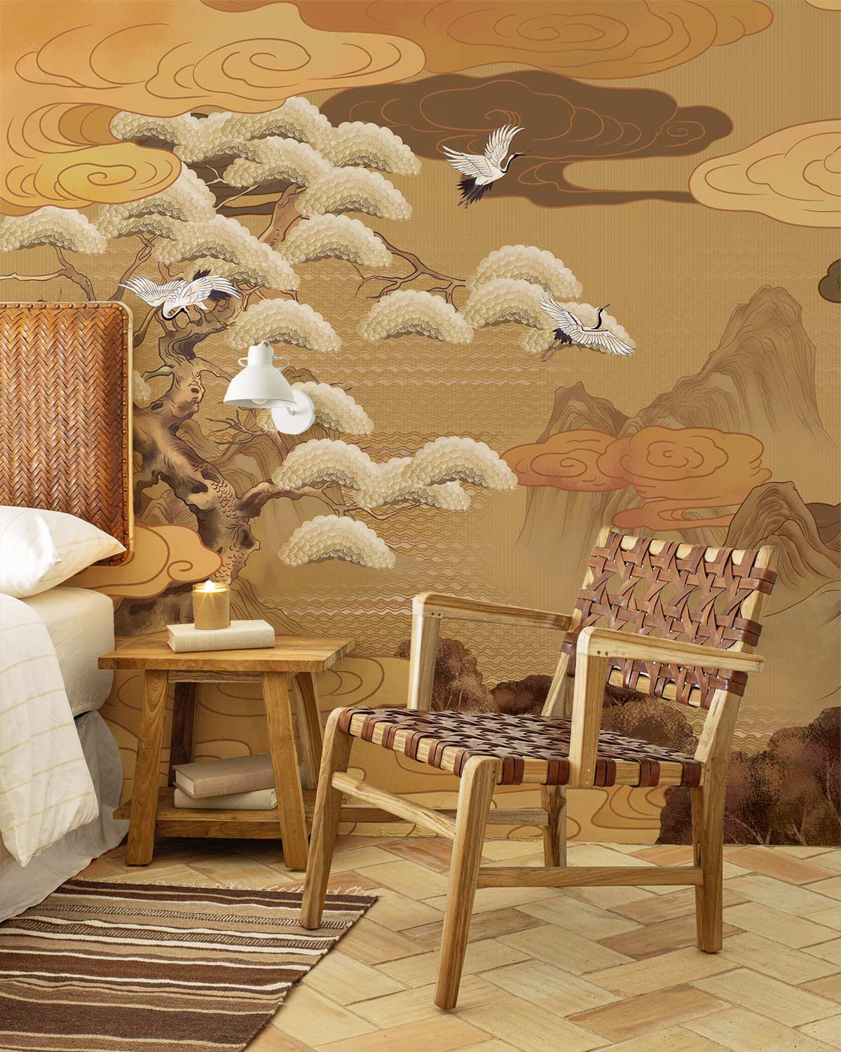 A neutral wallpaper mural with conifers should be used for the bedroom.