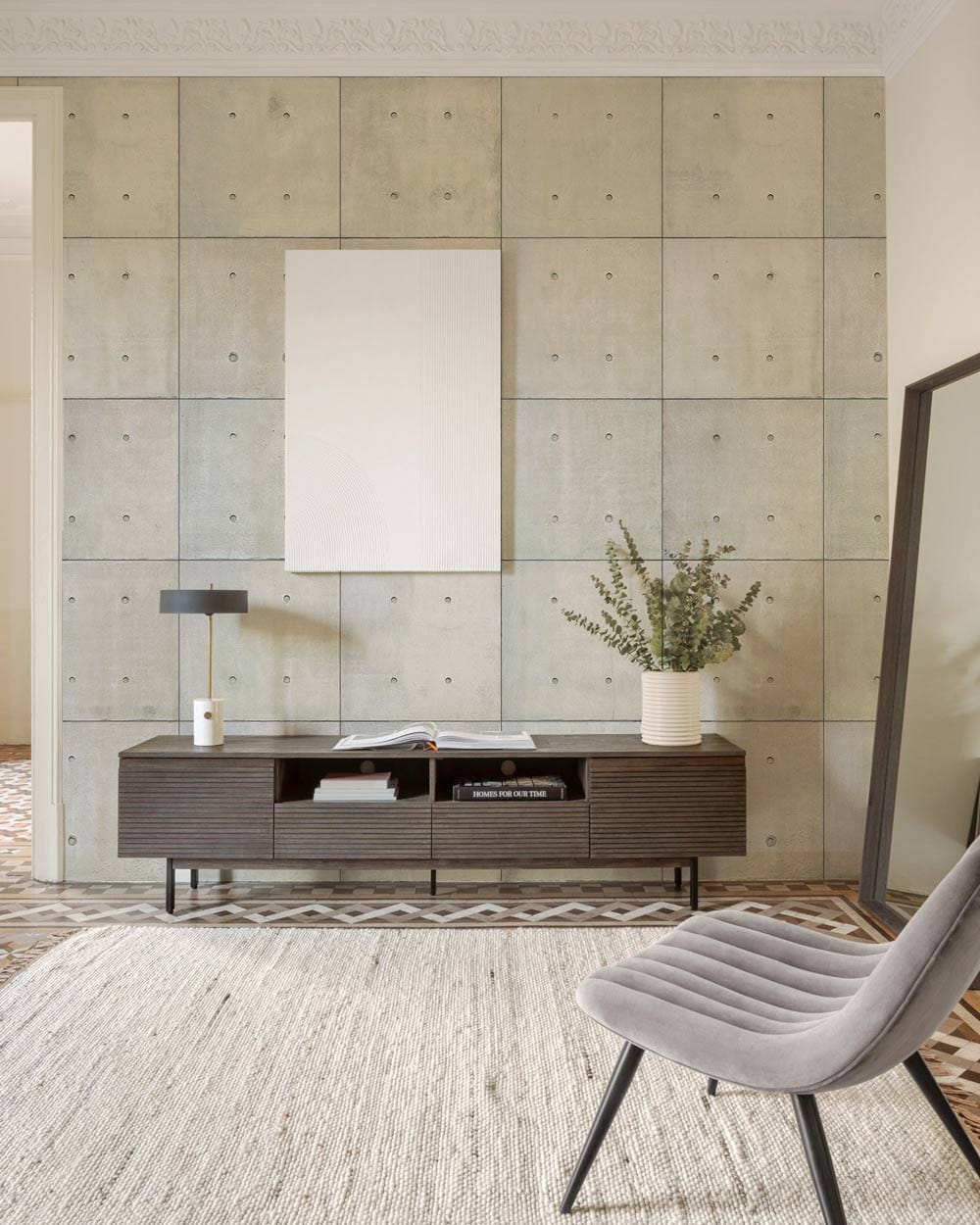 lounge with a unique neutral dot wallpaper