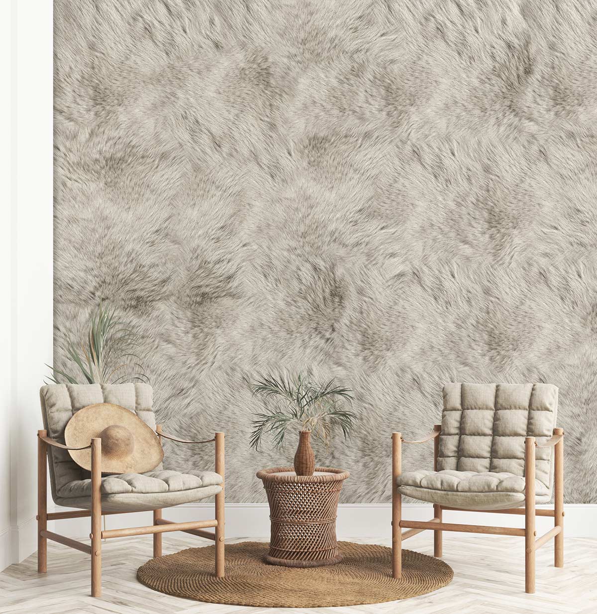a mural wallpaper design for the restrooms that features a muted, fuzzy texture.
