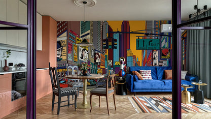 Vibrant Cityscape Artistic Wall Mural in living room