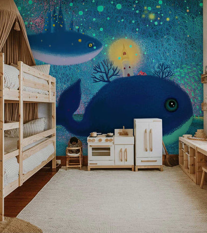 Whimsical Ocean Life Kids Mural Wallpaper in playroom
