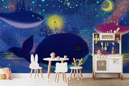 Enchanted Ocean Whale Children's Mural Wallpaper in playroom