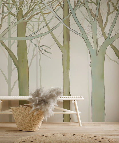 Wallpaper mural with a hazy wood forest scene, designed specifically for use in the living room.