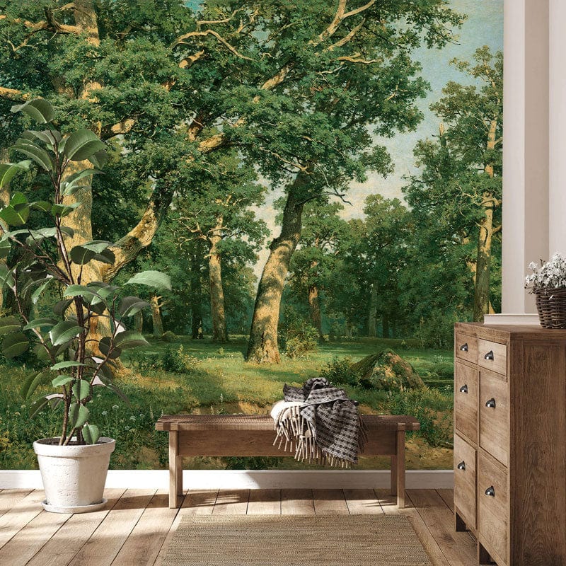 Wallpaper mural featuring an oak forest for use in decorating the living room