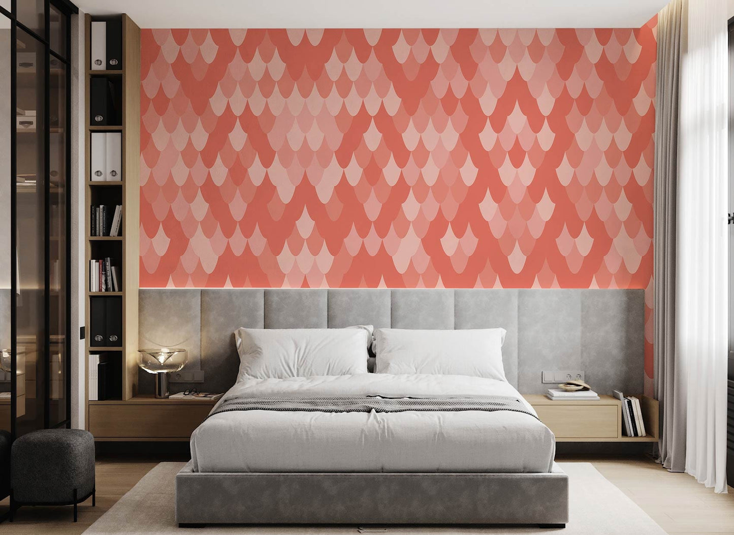 mural of pink abstract fur wallpaper used for the interior decoration of the bedroom.