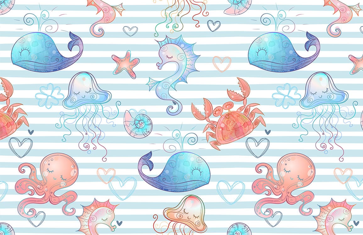 Ocean Party Above Blue Stripes Wallpaper Mural Plain