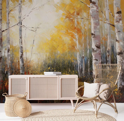 Autumn Birch Tree Forest Mural Wallpaper in living room