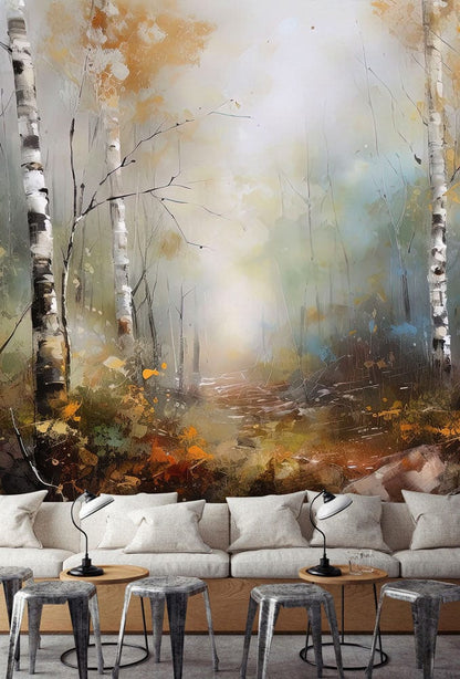 Misty Autumn Birch Forest Mural Wallpaper in living room