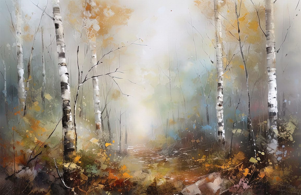 Misty Autumn Birch Forest Mural Wallpaper