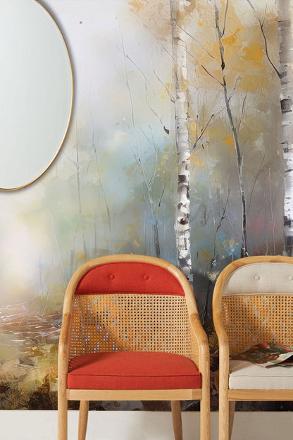 Misty Autumn Birch Forest Mural Wallpaper