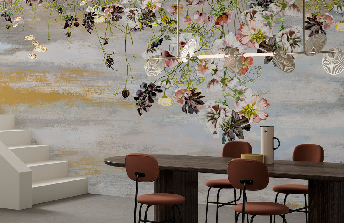 Vintage Floral Gold Brushed Mural Wallpaper in dining room