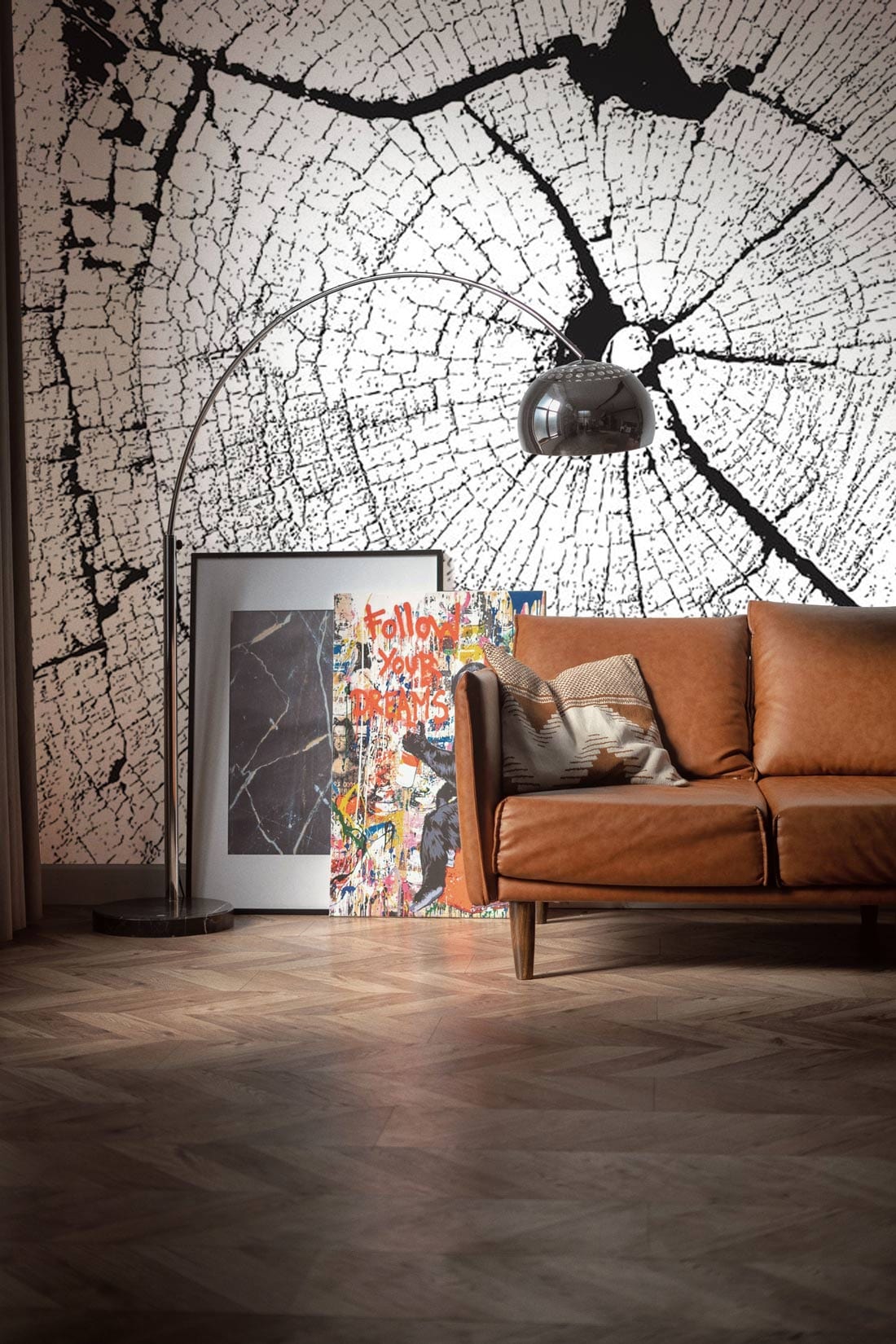 Wallpaper with a Cracked Wood Effect for the Living Room