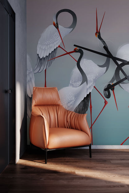 Elegant Crane Dance Nature Mural Wallpaper in living room