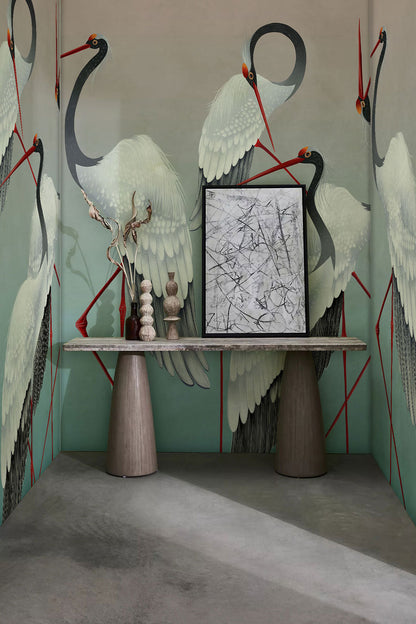 Elegant Crane Dance Nature Mural Wallpaper in living room