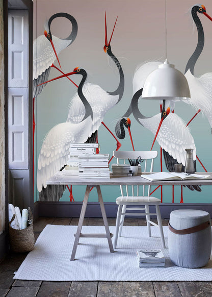 Elegant Crane Dance Nature Mural Wallpaper in office
