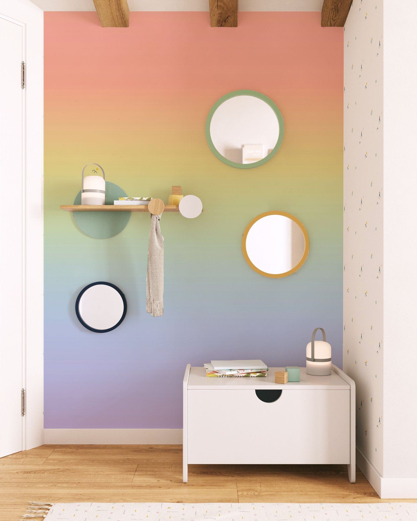 Wallpaper mural featuring an ombre cream rainbow design for the hallway's decor.