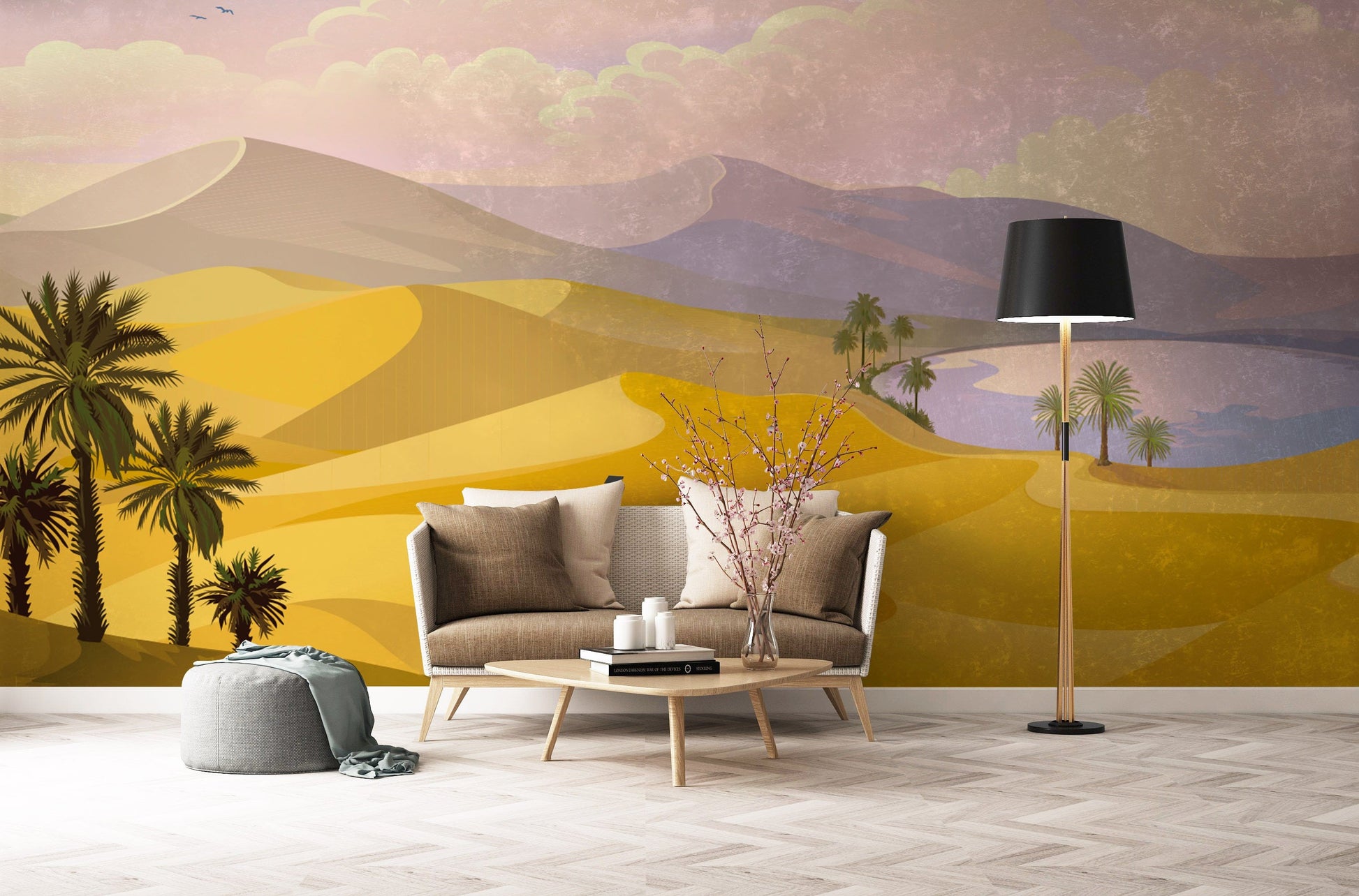 Living Room Decoration Featuring an Ombre Desert Wall Mural