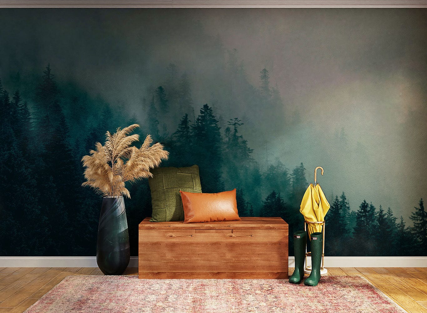 ombre green misty forest wallpaper mural for use as a decoration in the hallway