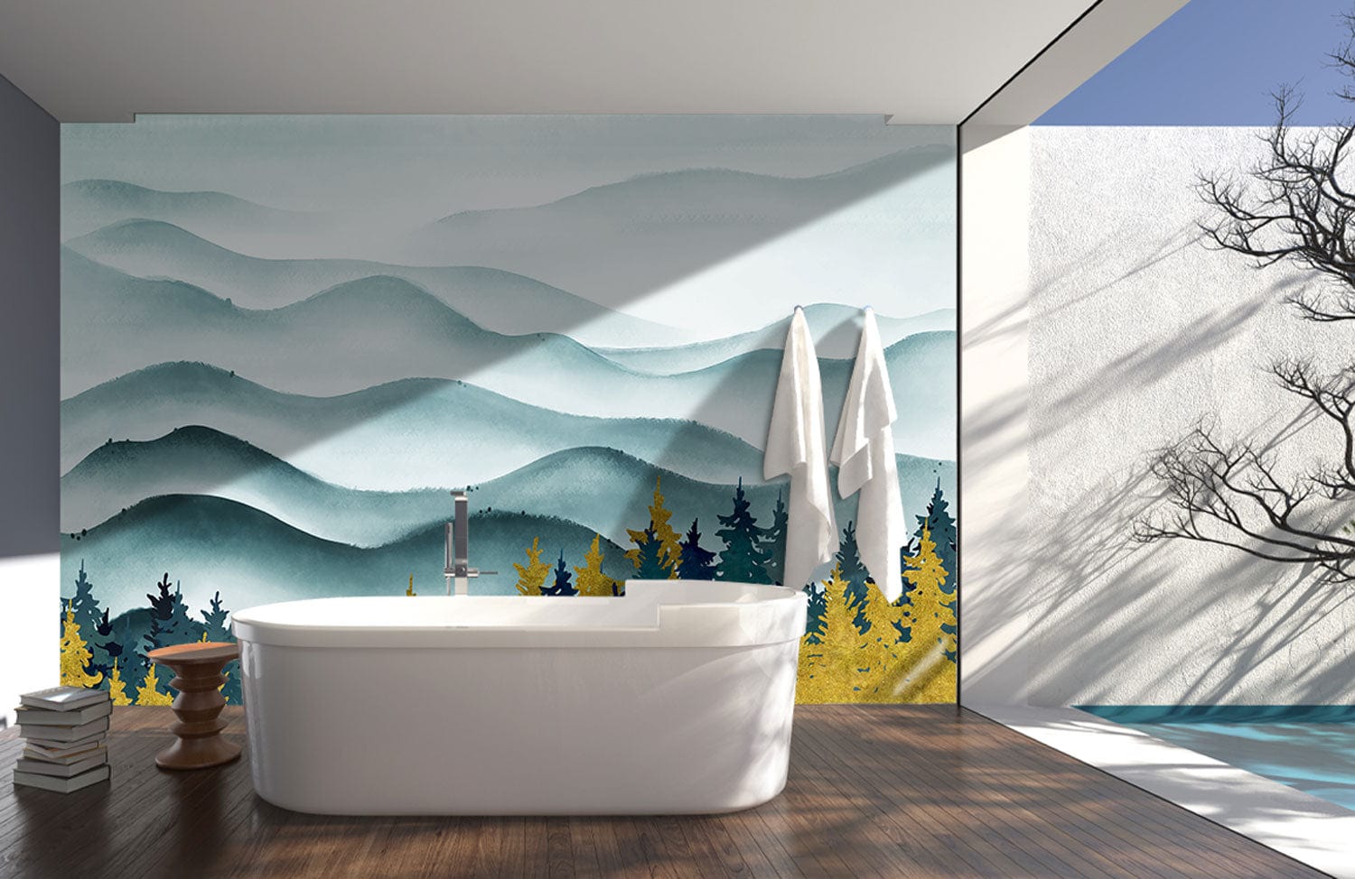 Wall Decoration for the Bathroom Showcasing an Ombre Ink Mountain Waves Wallpaper Mural
