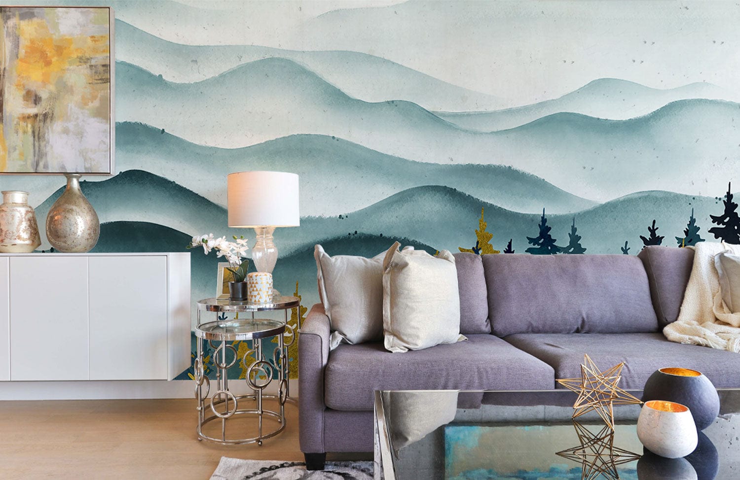 How About an Ombre-Inspired Mural Wallpaper Design? Ink Mountain Waves, an Excellent Option for Decorating the Living Room