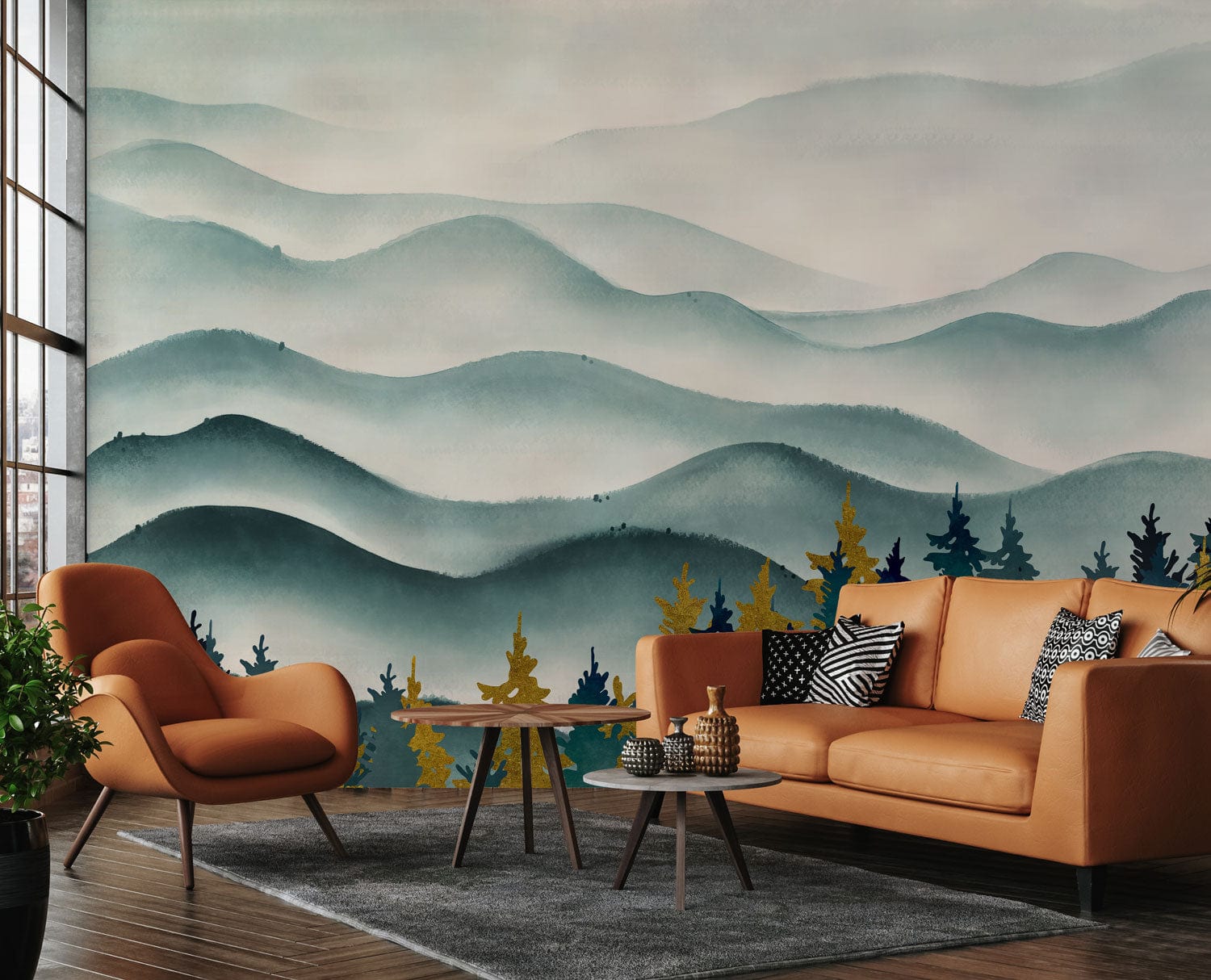 Decoration for the Living Room Utilizing an Ombre Ink Mountain Waves Wallcovering Mural