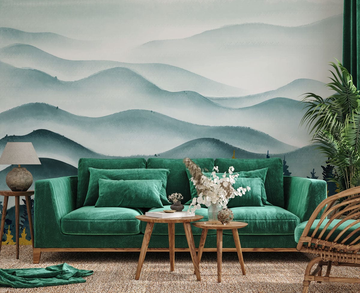 Wallcovering Mural of Ombre Ink Mountains with Waves Used for the Decoration of the Living Room
