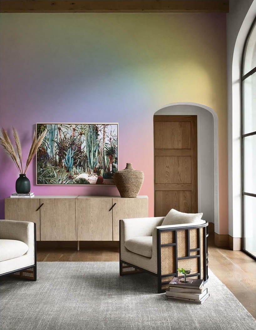 Wallpaper mural with a gradient of ombre colours, ideal for use in the living room's decor