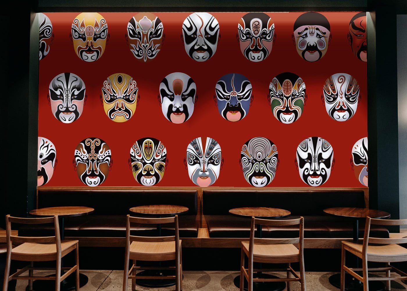 Wallpaper mural with an opera masks pattern for use in decorating a restaurant.