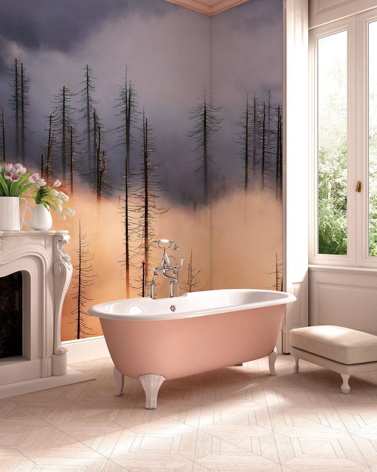 Decorate Your Bathroom with This Orange and Blue Birch Tree Mural Wallpaper