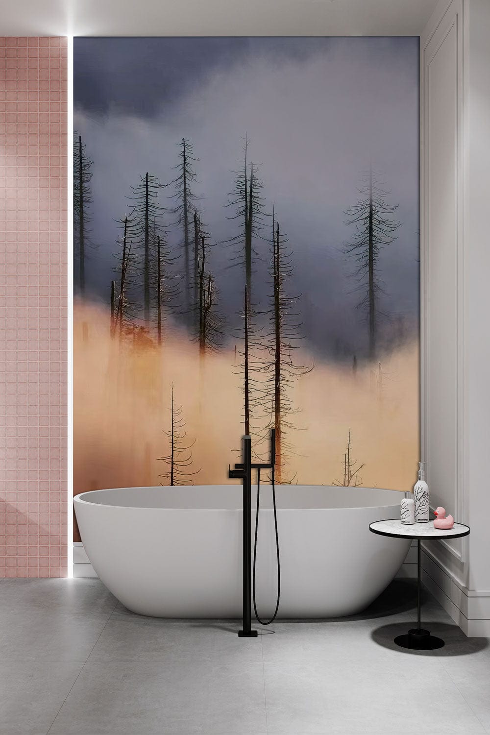 Wallpaper Mural with Orange and Blue Birches for the Bathroom
