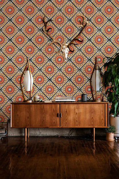 repeat abstract flower pattern in orange wallpaper mural for hallway