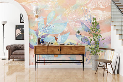 Whimsical Botanical Garden Wall Mural in living room