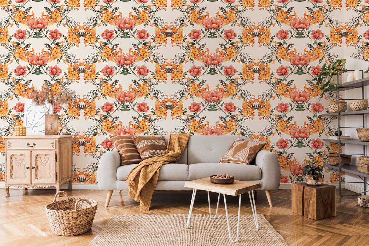 Orange Flower Wreath Wallpaper Art Decor Design