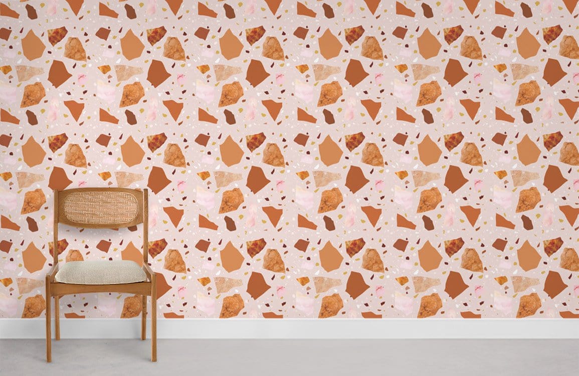 Wallpaper mural for home decoration featuring an orange terrazzo and marble design.