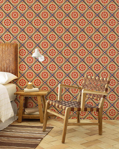 amazing bedroom wallpaper mural, a design of orange red repeat pattern